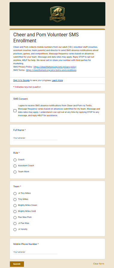 Cheer and Pom Volunteer SMS Enrollment form showing the optional, not-pre-checked consent checkbox, message-frequency and data-rate disclosures, STOP/HELP opt-out instructions, and links to the SMS Privacy Policy and Terms.